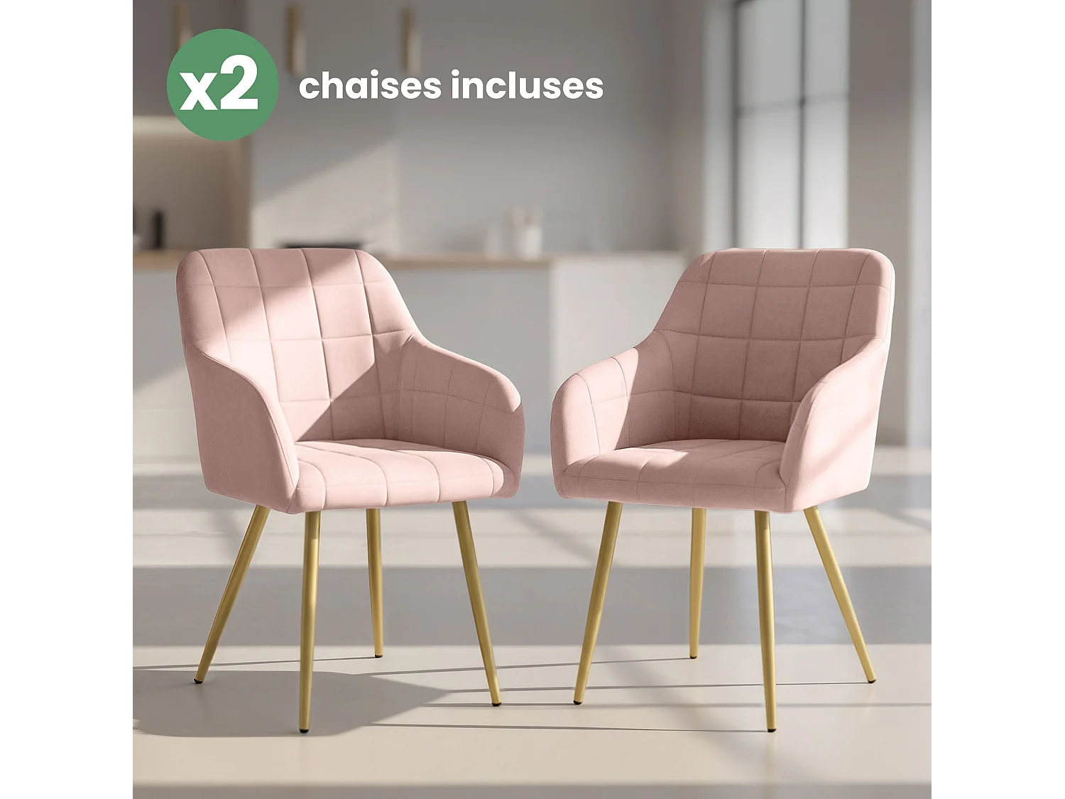 Lot de 2 Chaises rembourrées à surpiqûres carrées LUXANO Rose Poudré pieds dorés