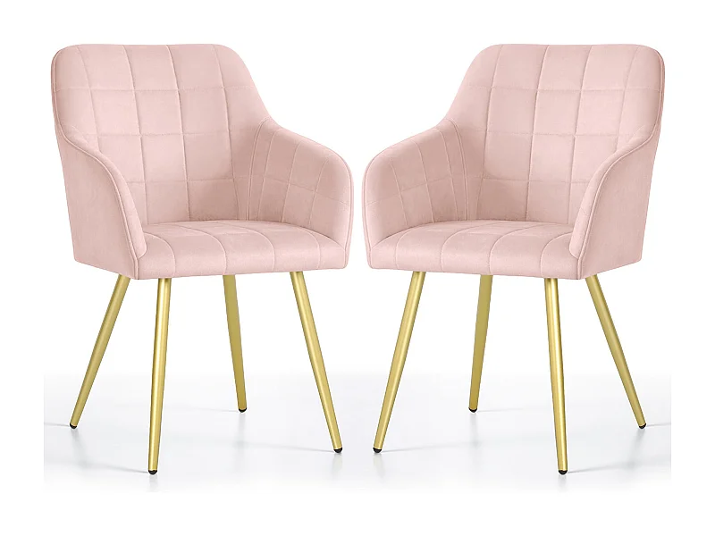 Lot de 2 Chaises rembourrées à surpiqûres carrées LUXANO Rose Poudré pieds dorés