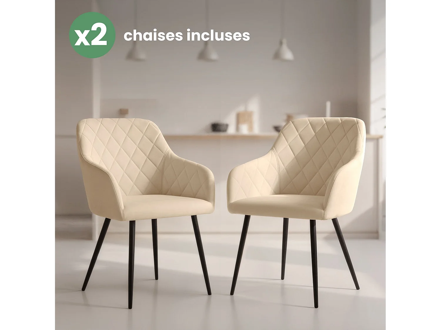 Lot de 2 Chaises en velours matelassées en losanges VELTO Beige pieds noirs