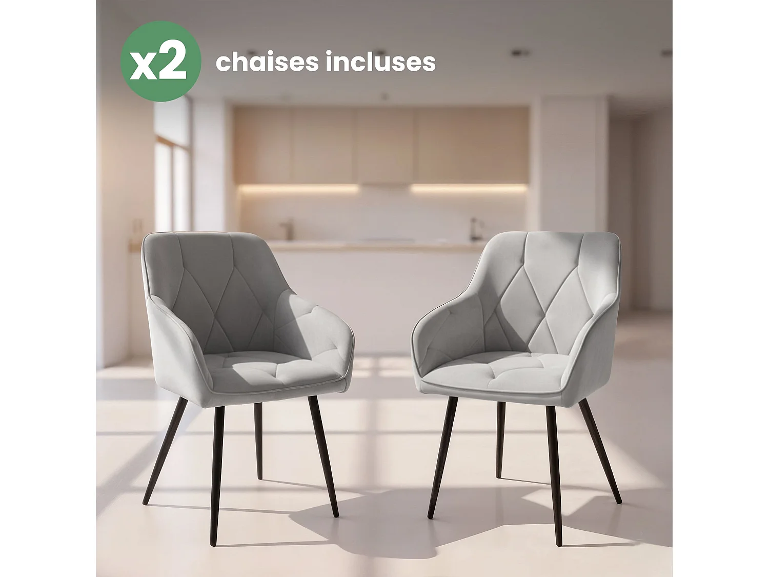 Lot de 2 Chaises en velours matelassées DIAMANTE Gris pieds noirs