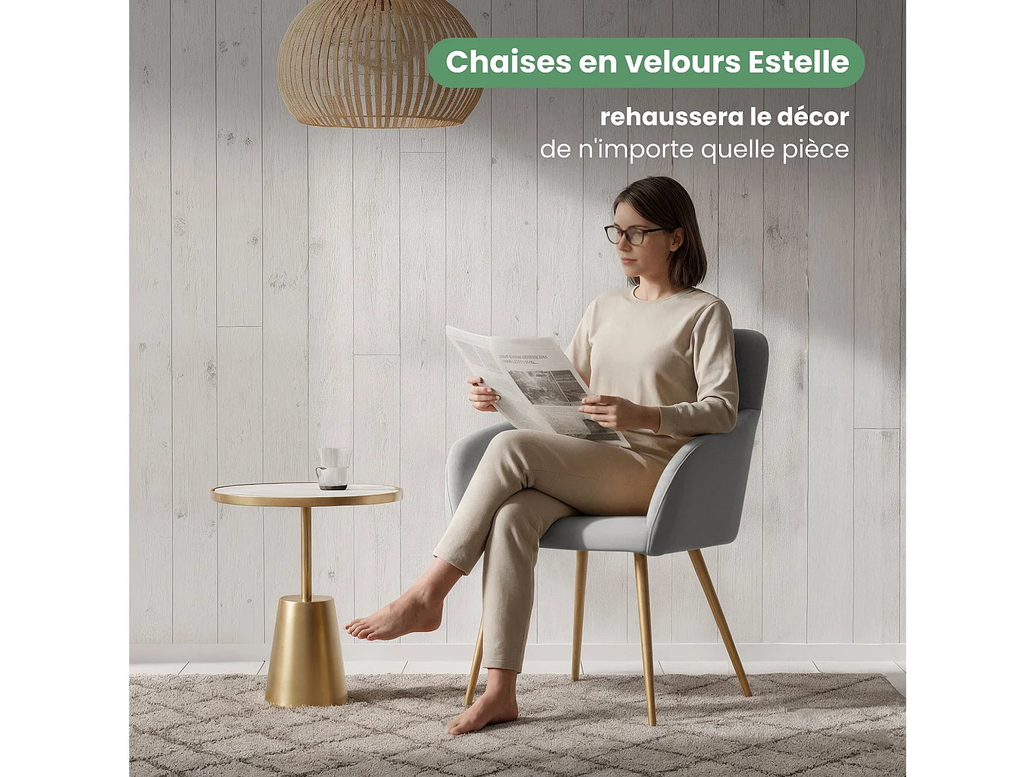 Lot de 2 Chaises en velours lisses ESTELLE Gris pieds dorés