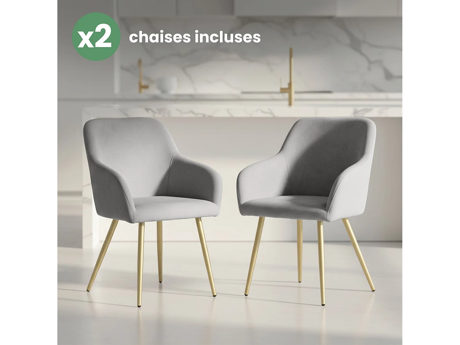 Lot de 2 Chaises en velours lisses ESTELLE Gris pieds dorés