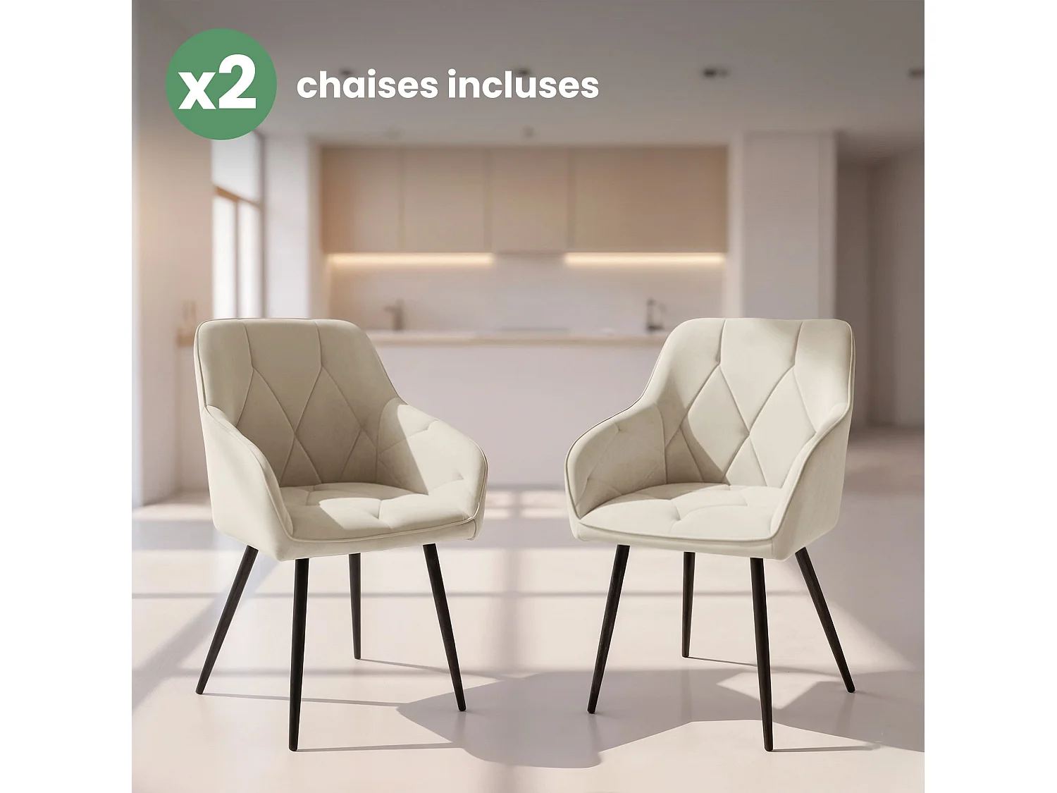 Lot de 2 Chaises en velours matelassées DIAMANTE Crème pieds noirs