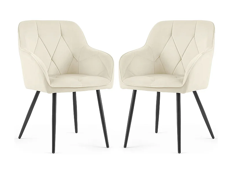Lot de 2 Chaises en velours matelassées DIAMANTE Crème pieds noirs