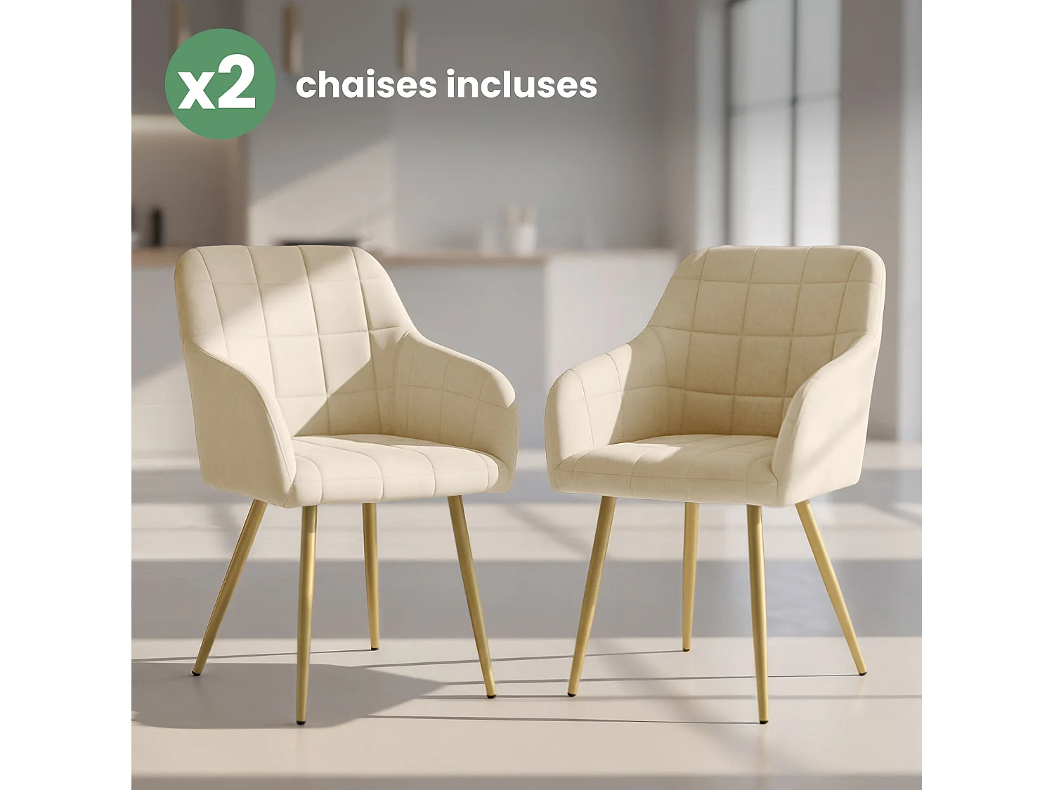 Lot de 2 Chaises rembourrées à surpiqûres carrées LUXANO Beige pieds dorés
