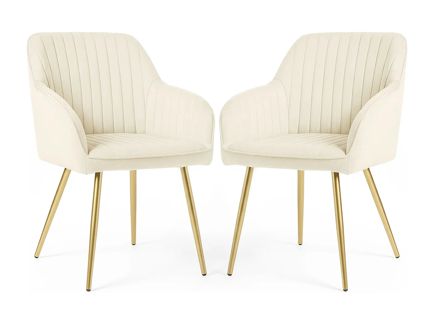 Set van 2 Eetkamerstoelen FLORENCE met Armleuningen / Gestoffeerde Stoelen / Fluwelen Stoelen en Metalen Poten / Crème kleur met gouden benen