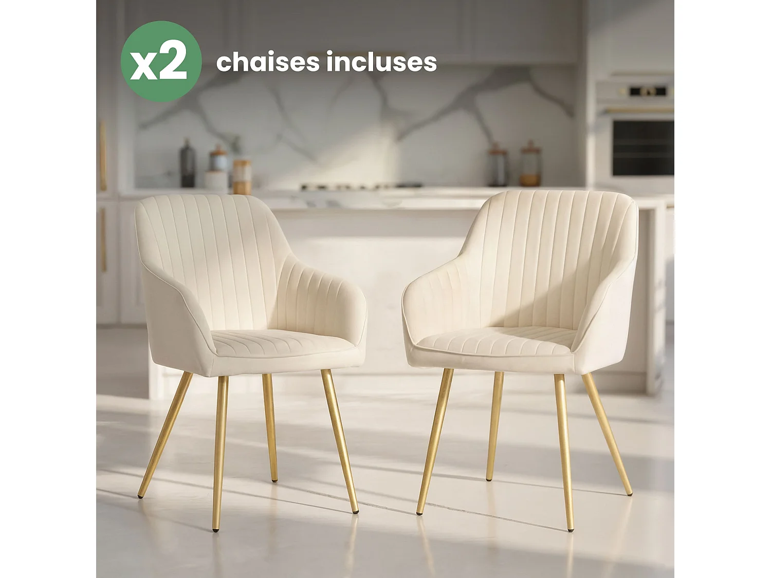 Set van 2 Eetkamerstoelen FLORENCE met Armleuningen / Gestoffeerde Stoelen / Fluwelen Stoelen en Metalen Poten / Crème kleur met gouden benen