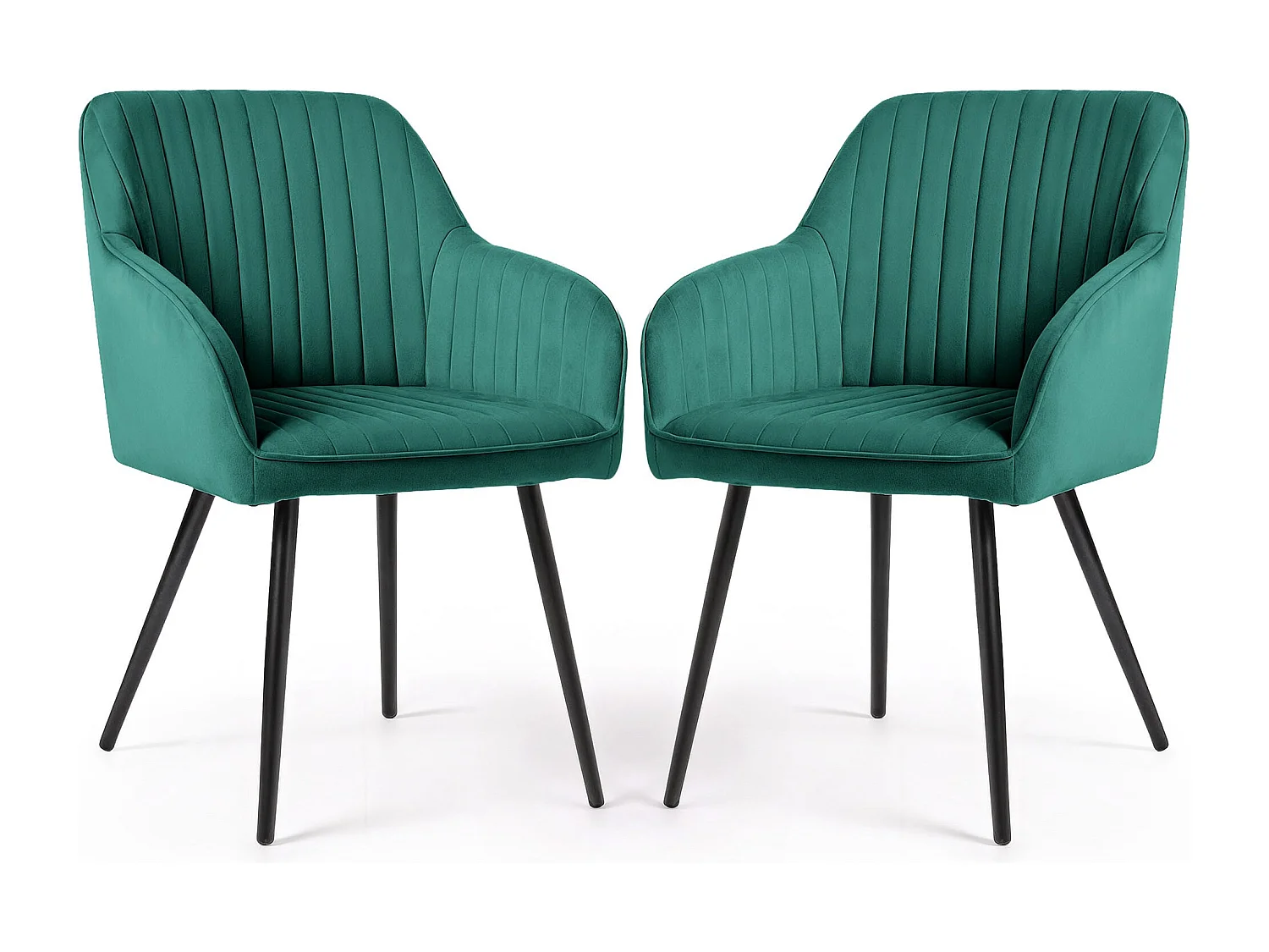 Set van 2 Eetkamerstoelen FLORENCE met Armleuningen / Gestoffeerde Stoelen / Fluwelen Stoelen en Metalen Poten / Flesgroen met zwarte benen