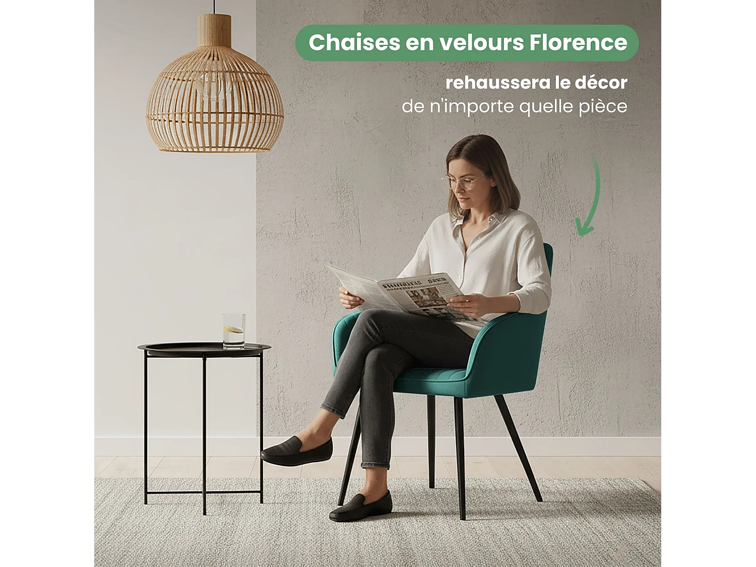 Set van 2 Eetkamerstoelen FLORENCE met Armleuningen / Gestoffeerde Stoelen / Fluwelen Stoelen en Metalen Poten / Flesgroen met zwarte benen