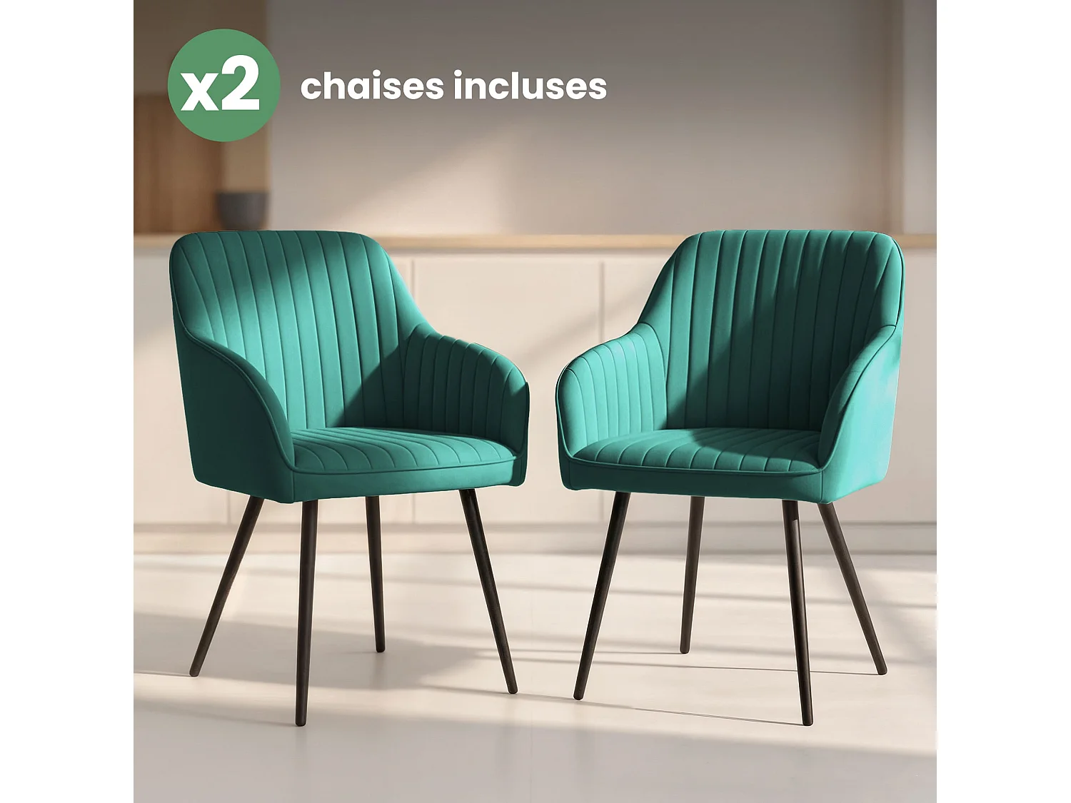 Set van 2 Eetkamerstoelen FLORENCE met Armleuningen / Gestoffeerde Stoelen / Fluwelen Stoelen en Metalen Poten / Flesgroen met zwarte benen