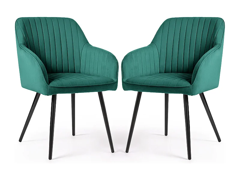 2er Set Velours Esszimmerstühle mit Ziernähten FLORENCE Dunkelgrün mit schwarzen Beinen