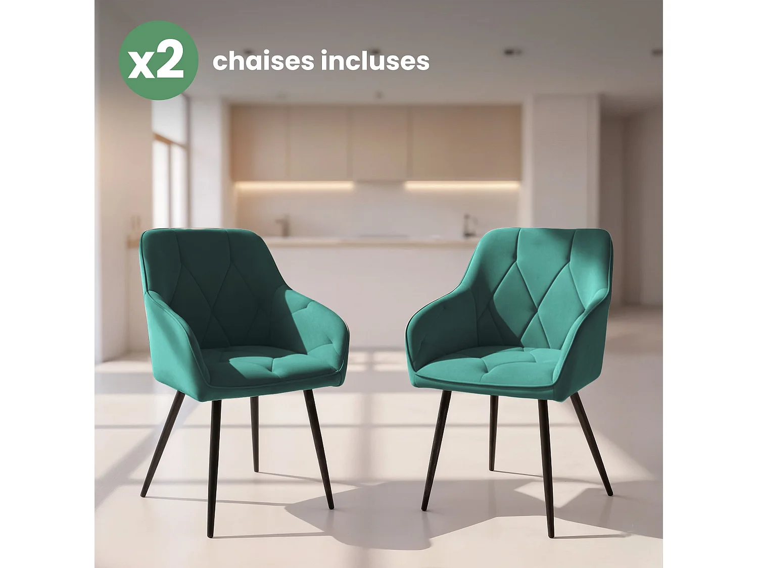 Lot de 2 Chaises en velours matelassées DIAMANTE Vert Bouteille pieds noirs