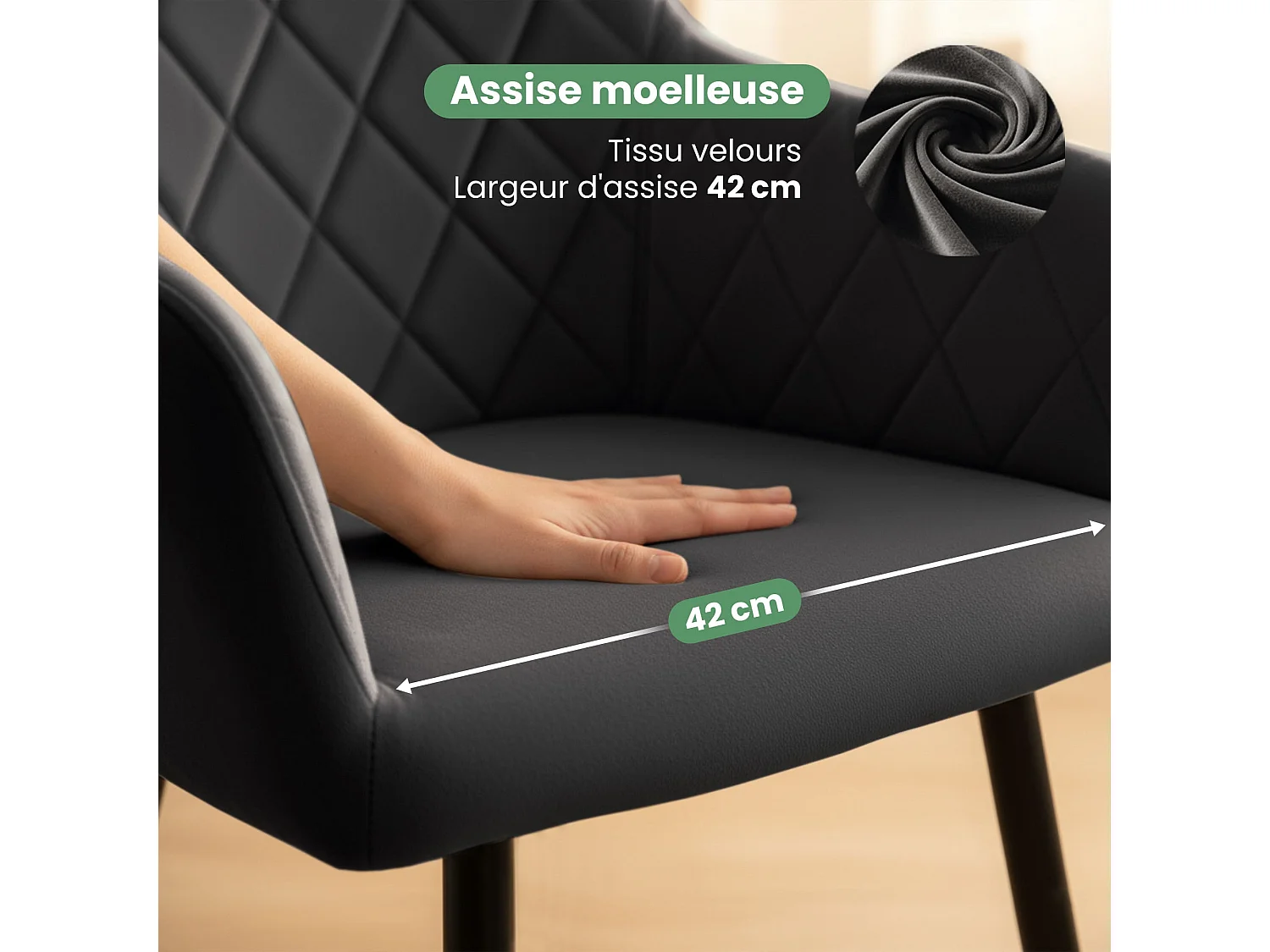 Lot de 2 Chaises en velours matelassées en losanges VELTO Noir pieds noirs