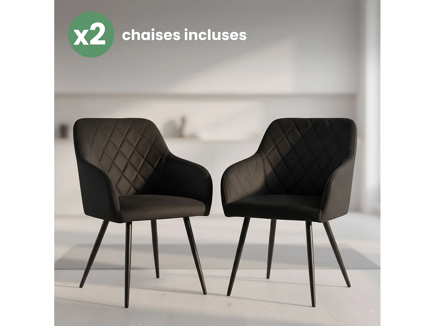 Lot de 2 Chaises en velours matelassées en losanges VELTO Noir pieds noirs
