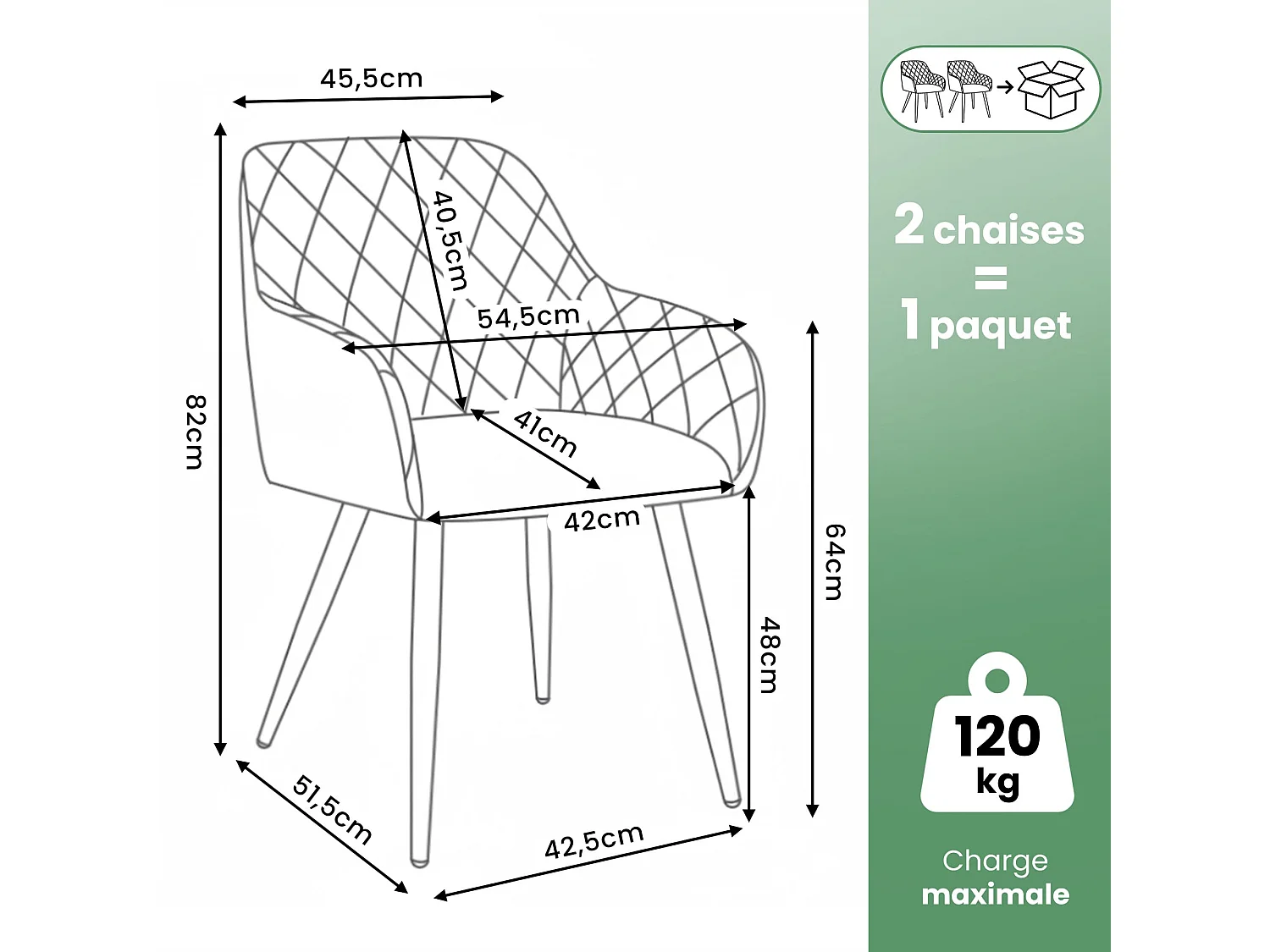 Lot de 2 Chaises en velours matelassées en losanges VELTO Gris pieds noirs