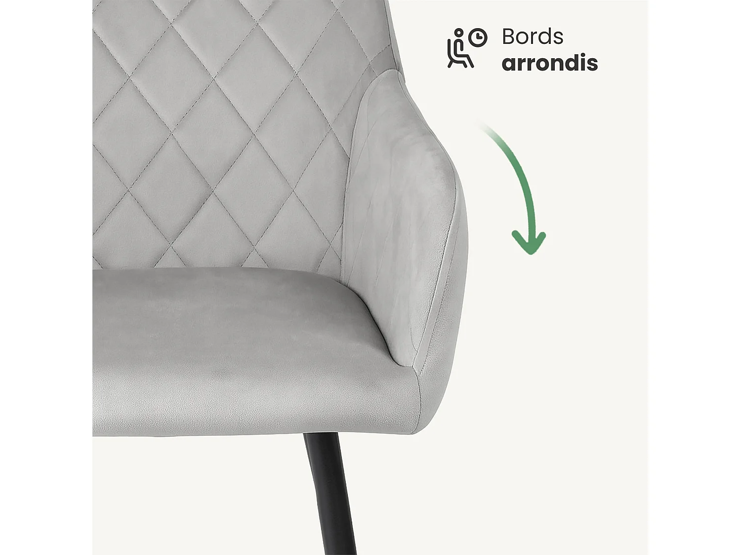 Lot de 2 Chaises en velours matelassées en losanges VELTO Gris pieds noirs