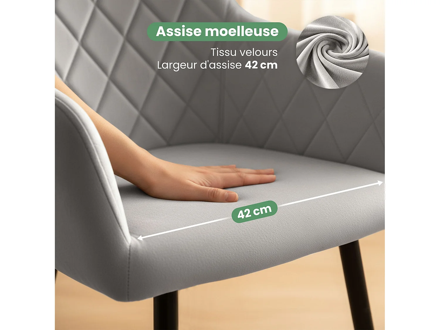 Lot de 2 Chaises en velours matelassées en losanges VELTO Gris pieds noirs