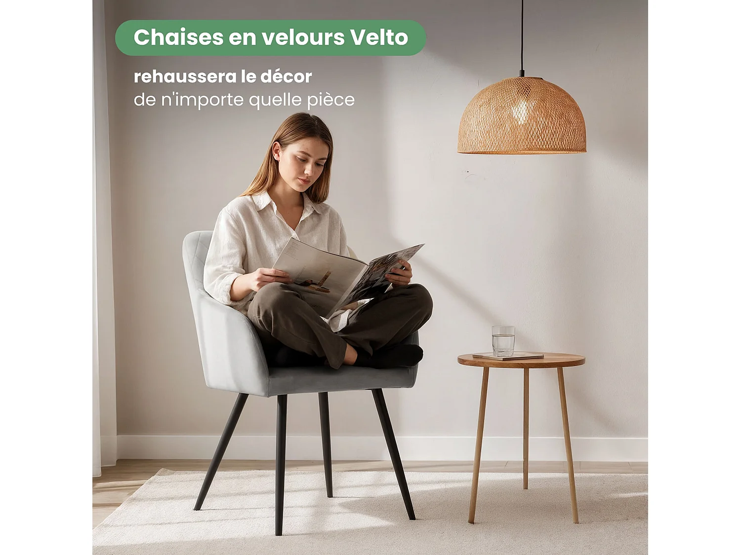 Lot de 2 Chaises en velours matelassées en losanges VELTO Gris pieds noirs