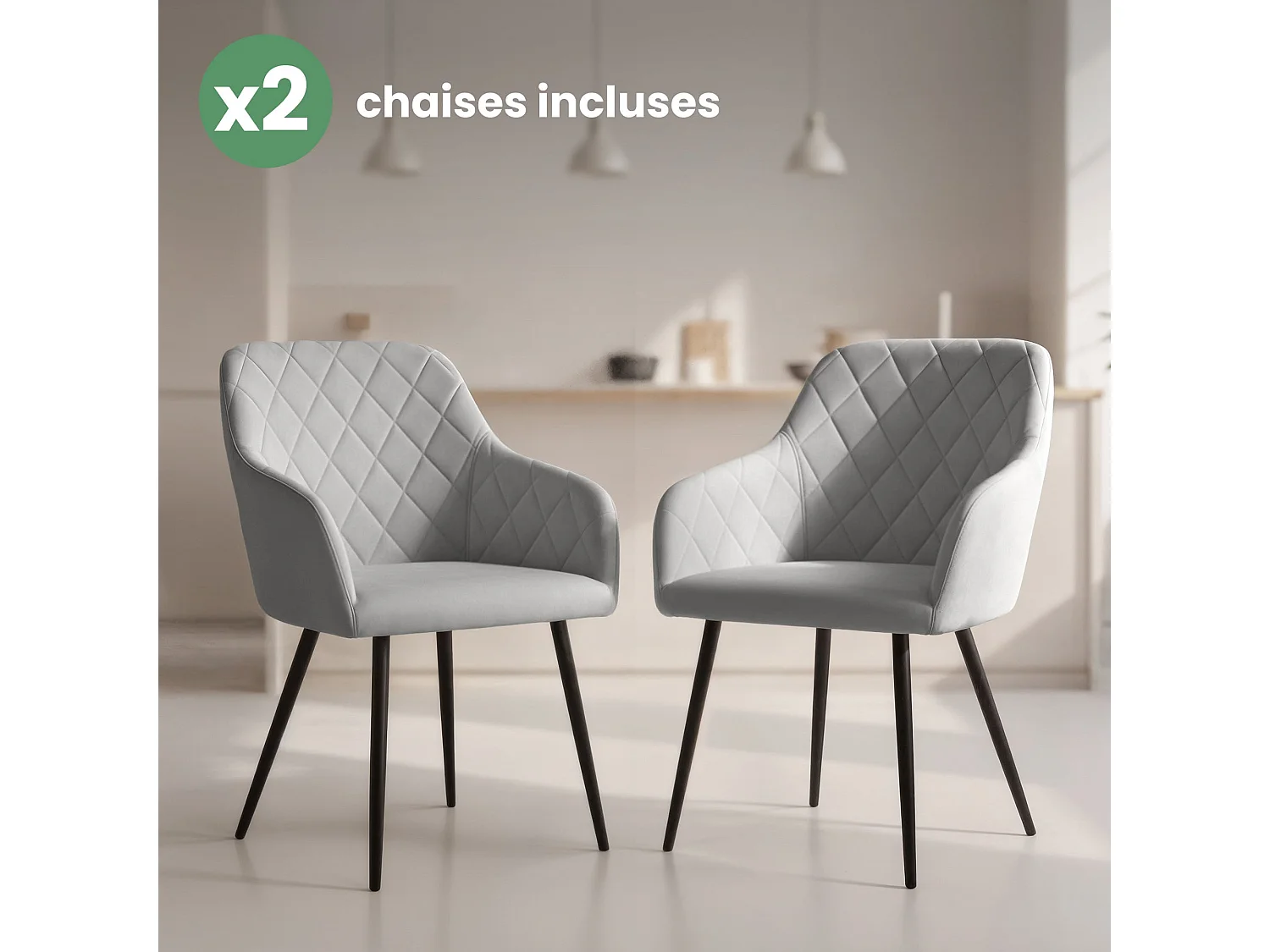 Lot de 2 Chaises en velours matelassées en losanges VELTO Gris pieds noirs