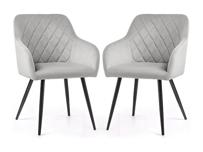 Lot de 2 Chaises en velours matelassées en losanges VELTO Gris pieds noirs