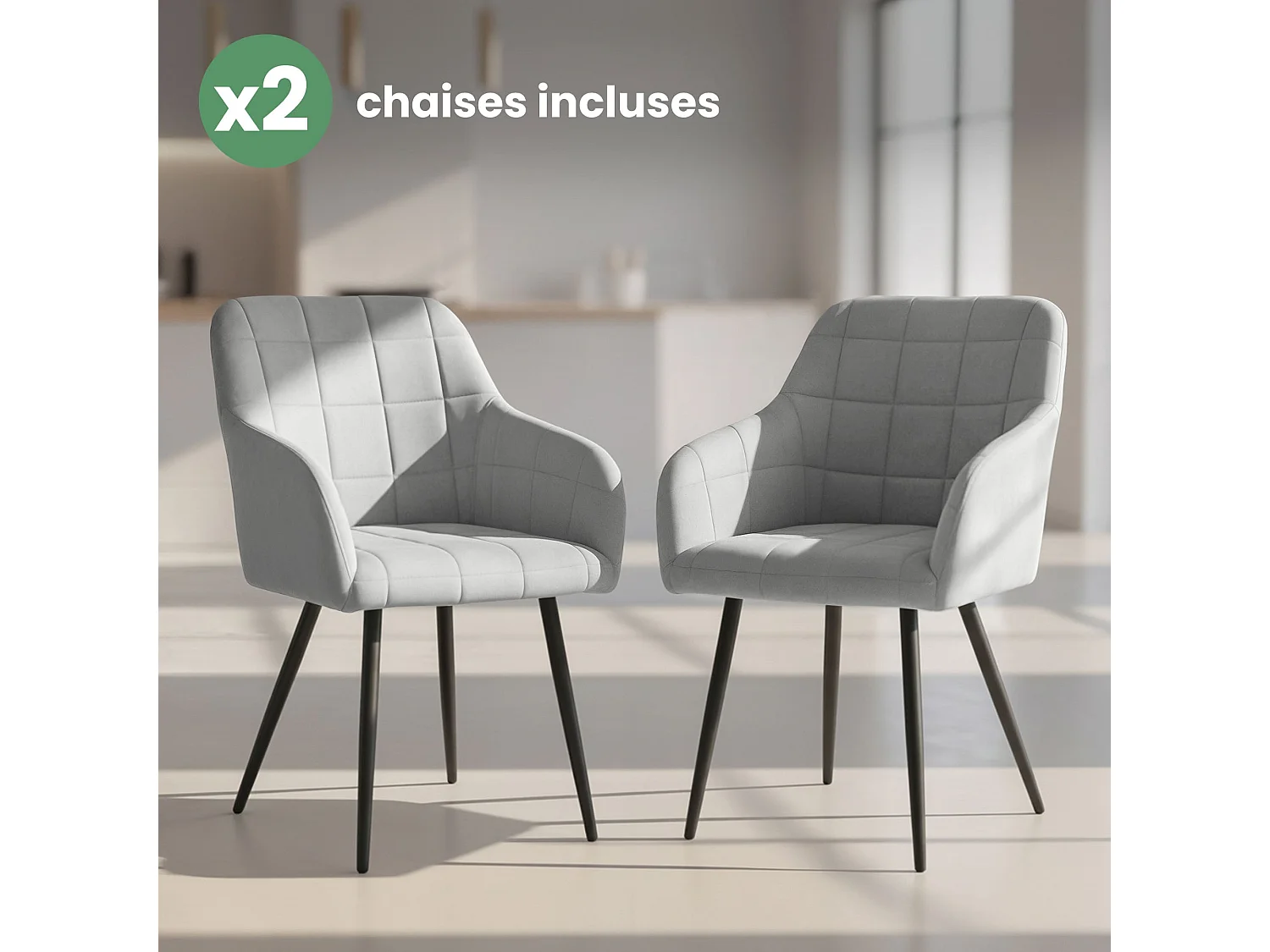 Lot de 2 Chaises rembourrées à surpiqûres carrées LUXANO Gris pieds noirs