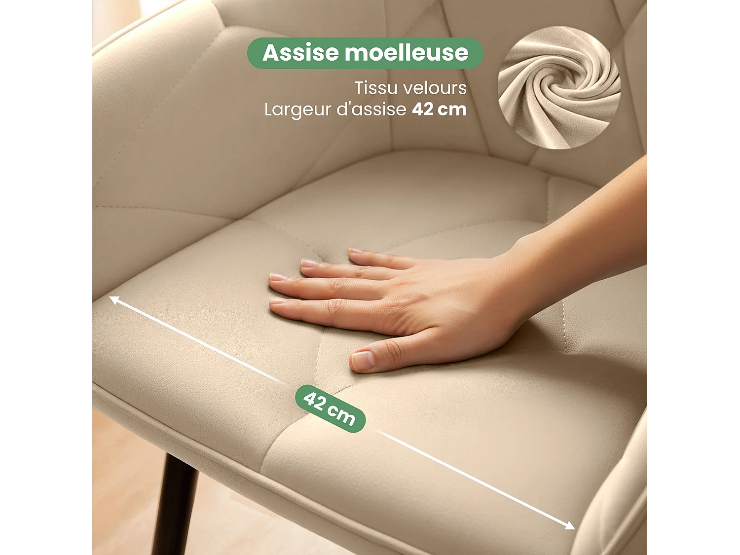 Lot de 2 Chaises en velours matelassées DIAMANTE Beige pieds noirs