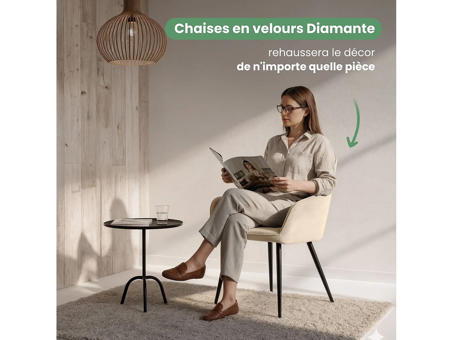 Lot de 2 Chaises en velours matelassées DIAMANTE Beige pieds noirs