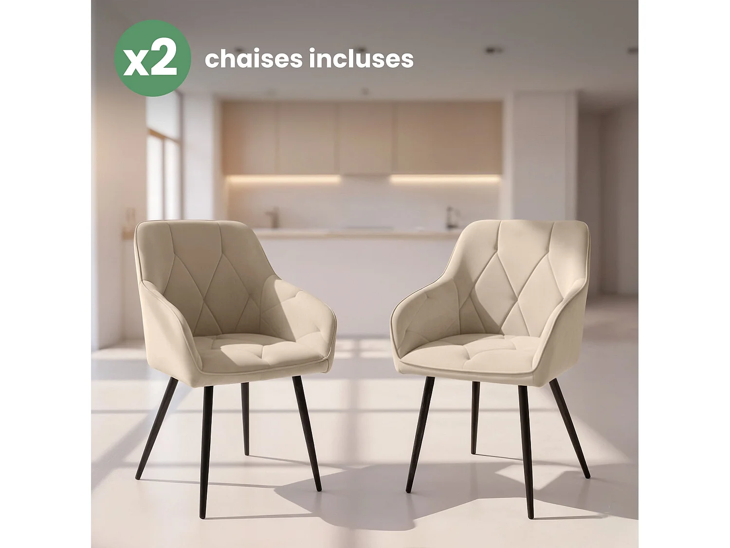 Lot de 2 Chaises en velours matelassées DIAMANTE Beige pieds noirs