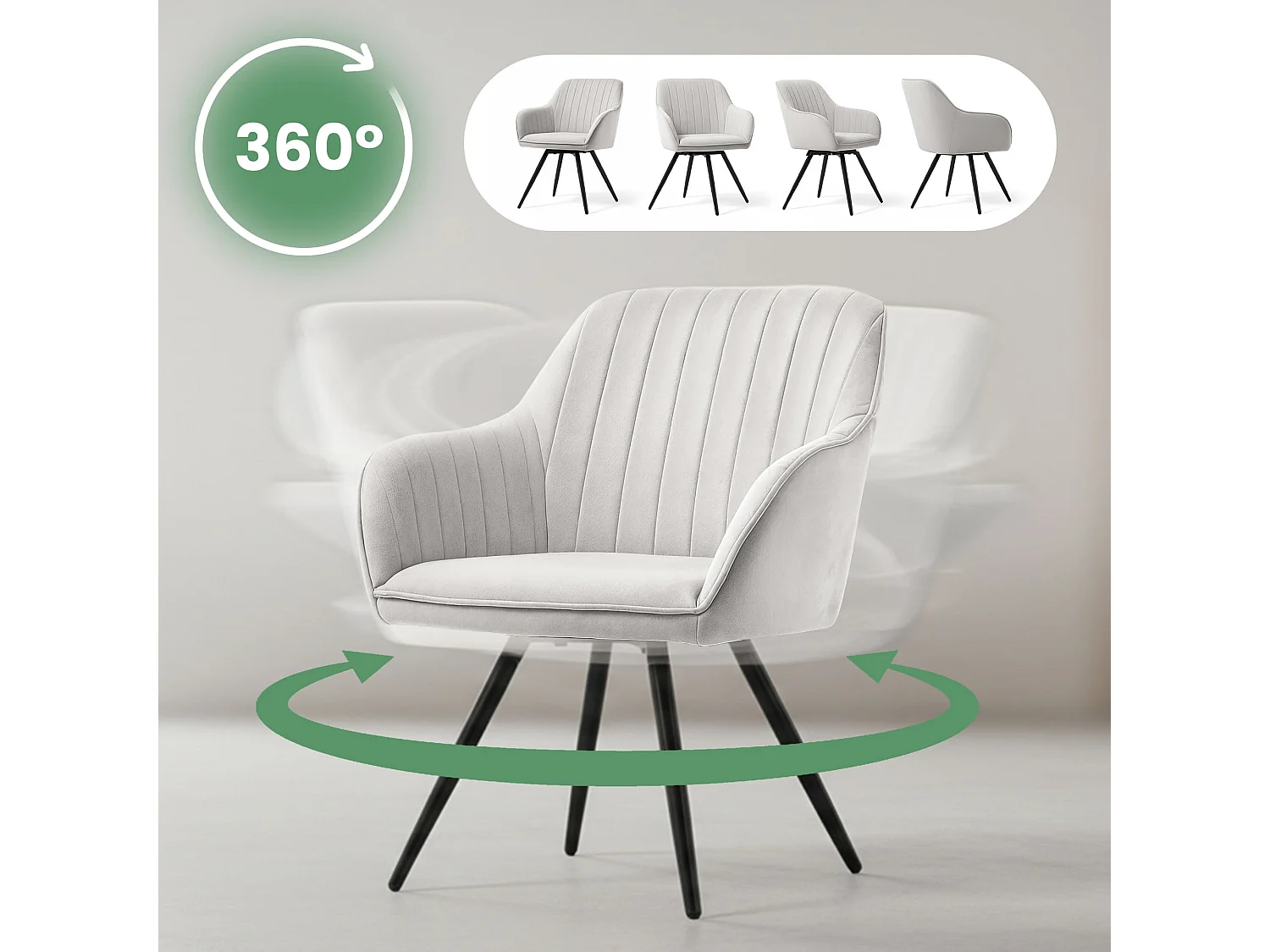 Lot de 2 Chaises pivotantes en velours à surpiqûres TURNO Gris pieds noirs