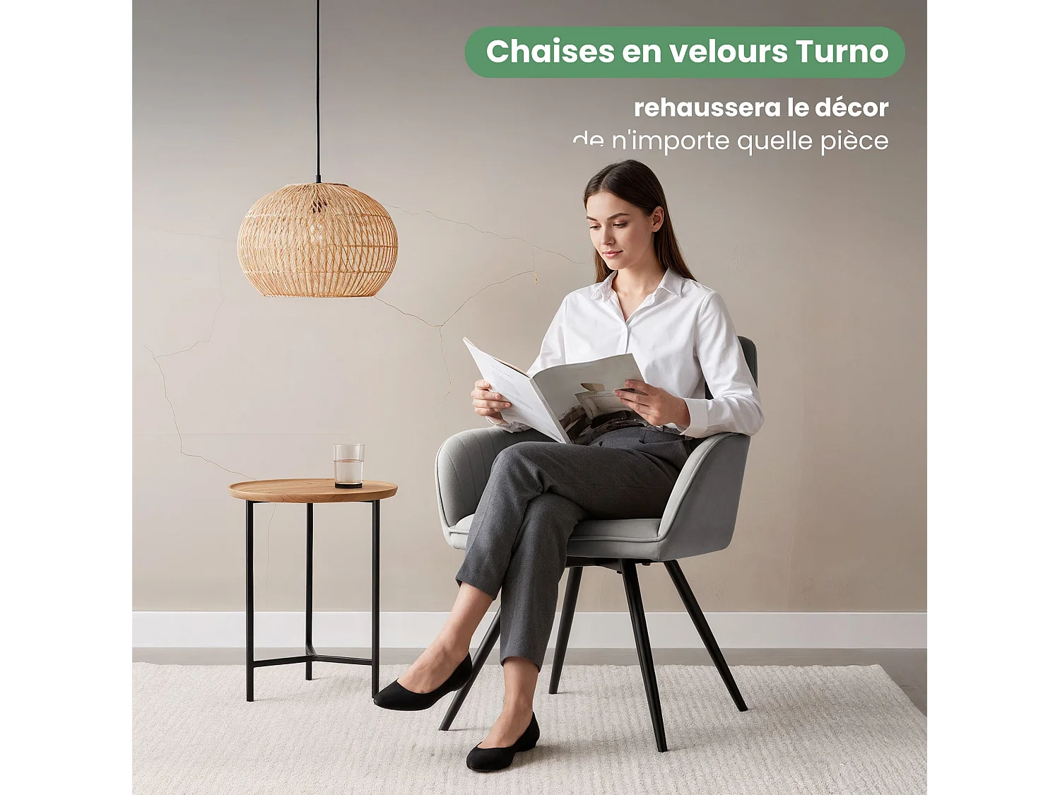 Lot de 2 Chaises pivotantes en velours à surpiqûres TURNO Gris pieds noirs