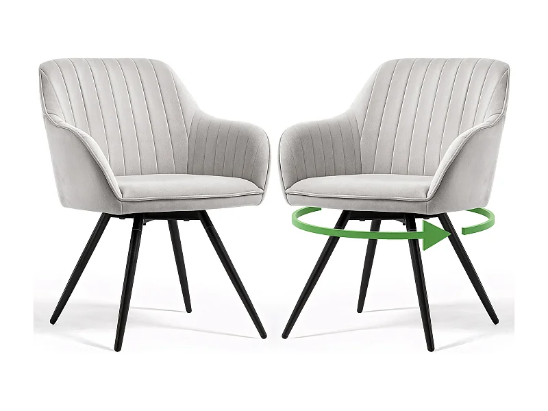 Lot de 2 Chaises pivotantes en velours à surpiqûres TURNO Gris pieds noirs