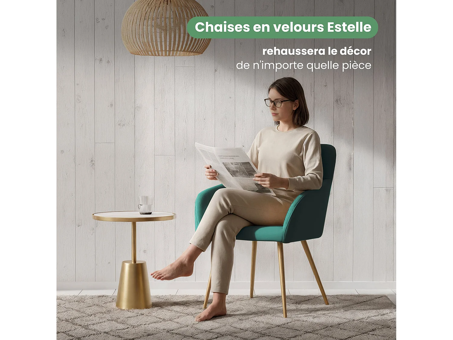 Lot de 2 Chaises en velours lisses ESTELLE Vert Bouteille pieds dorés