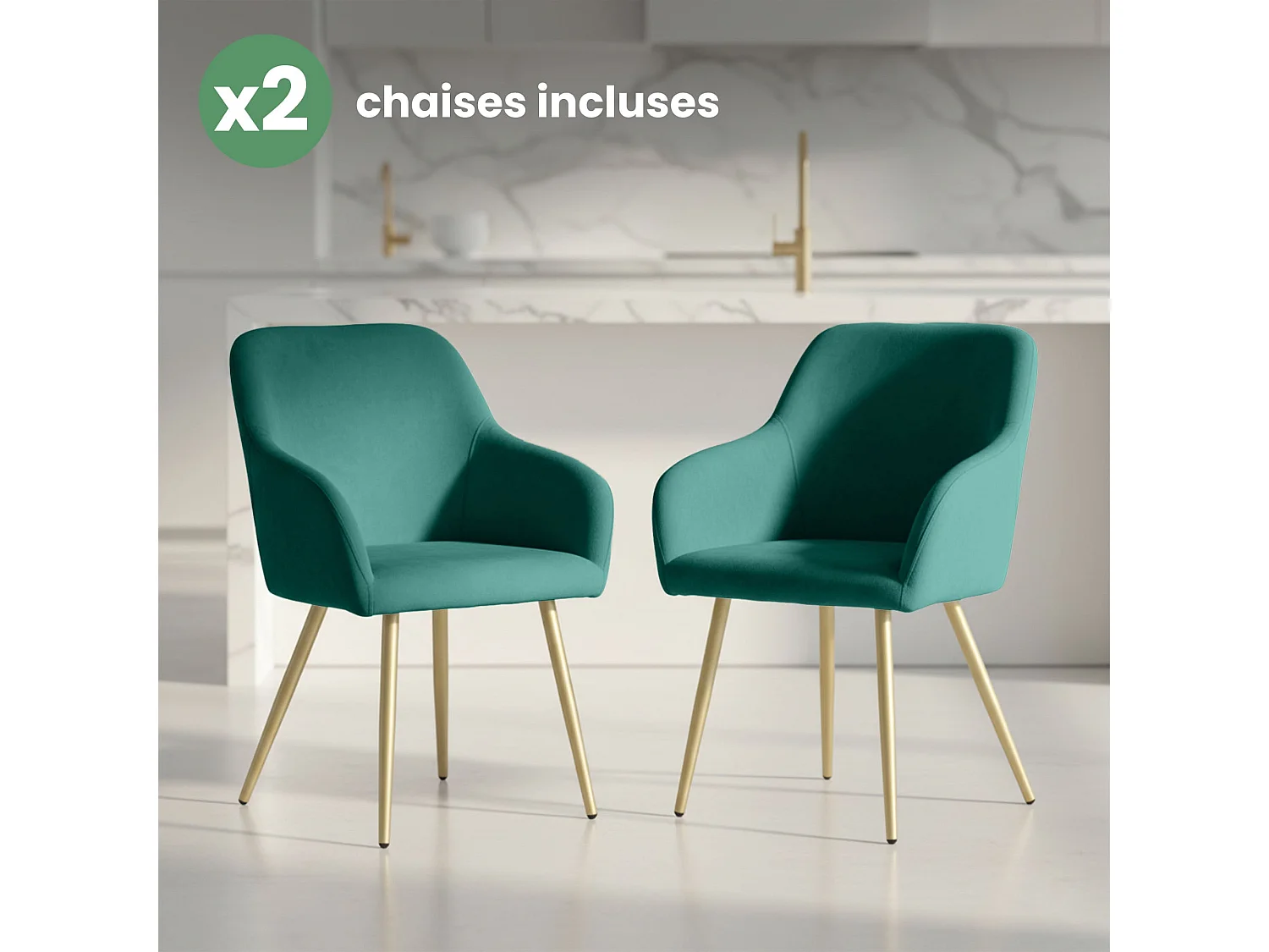 Lot de 2 Chaises en velours lisses ESTELLE Vert Bouteille pieds dorés
