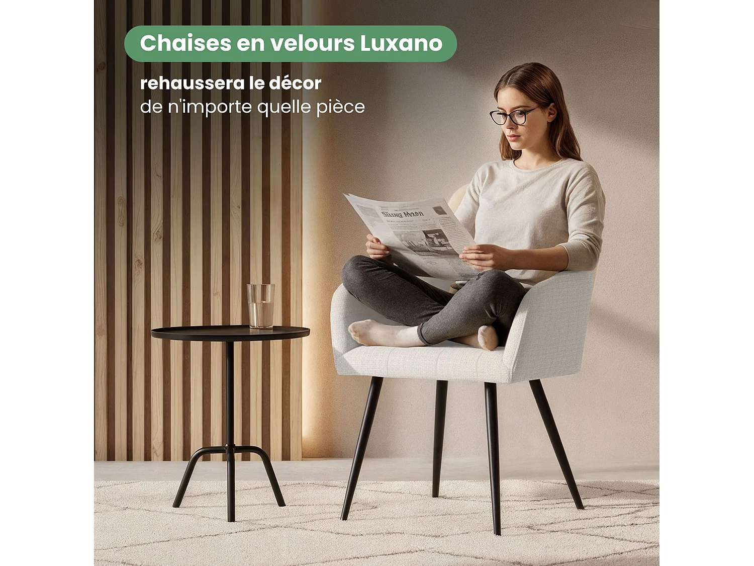 Lot de 2 Chaises rembourrées à surpiqûres carrées LUXANO Crème pieds noirs tissu Lumos