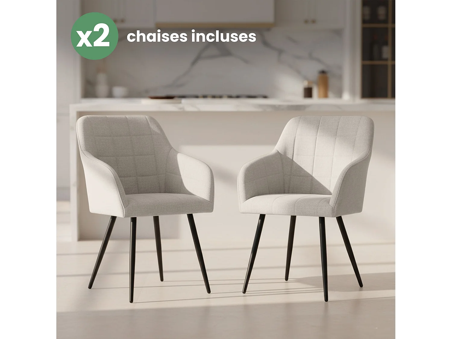 Lot de 2 Chaises rembourrées à surpiqûres carrées LUXANO Crème pieds noirs tissu Lumos