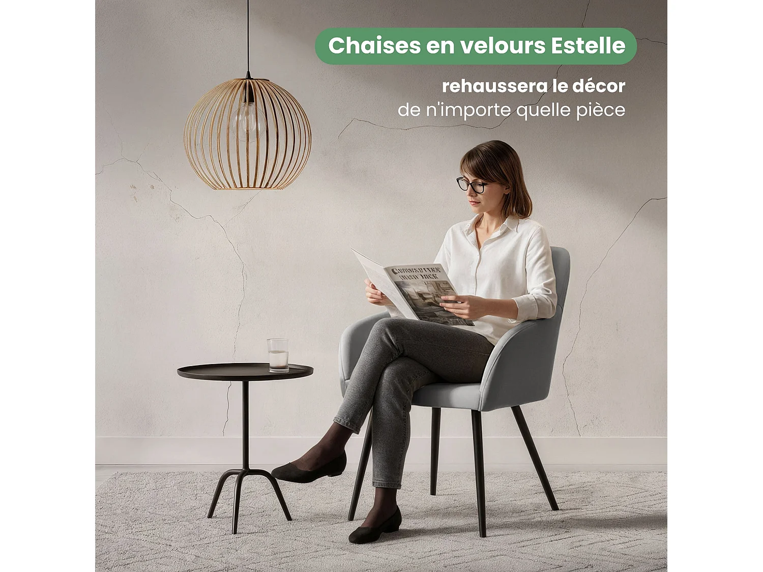 Lot de 2 Chaises en velours lisses ESTELLE Gris pieds noirs