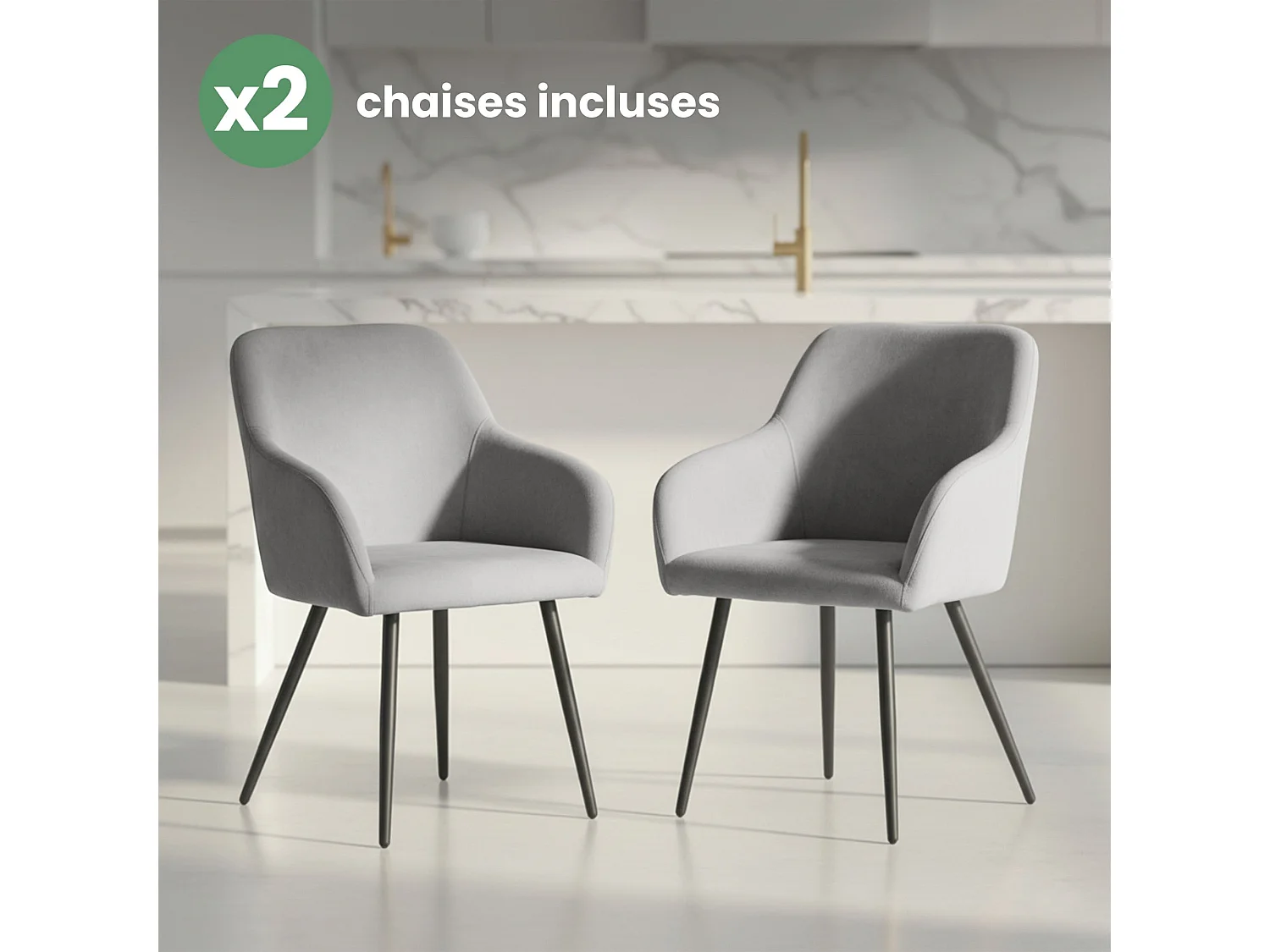 Lot de 2 Chaises en velours lisses ESTELLE Gris pieds noirs