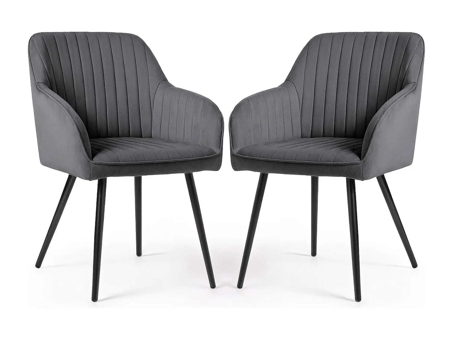 Set van 2 Eetkamerstoelen FLORENCE met Armleuningen / Gestoffeerde Stoelen / Fluwelen Stoelen en Metalen Poten / Antraciet met zwarte benen