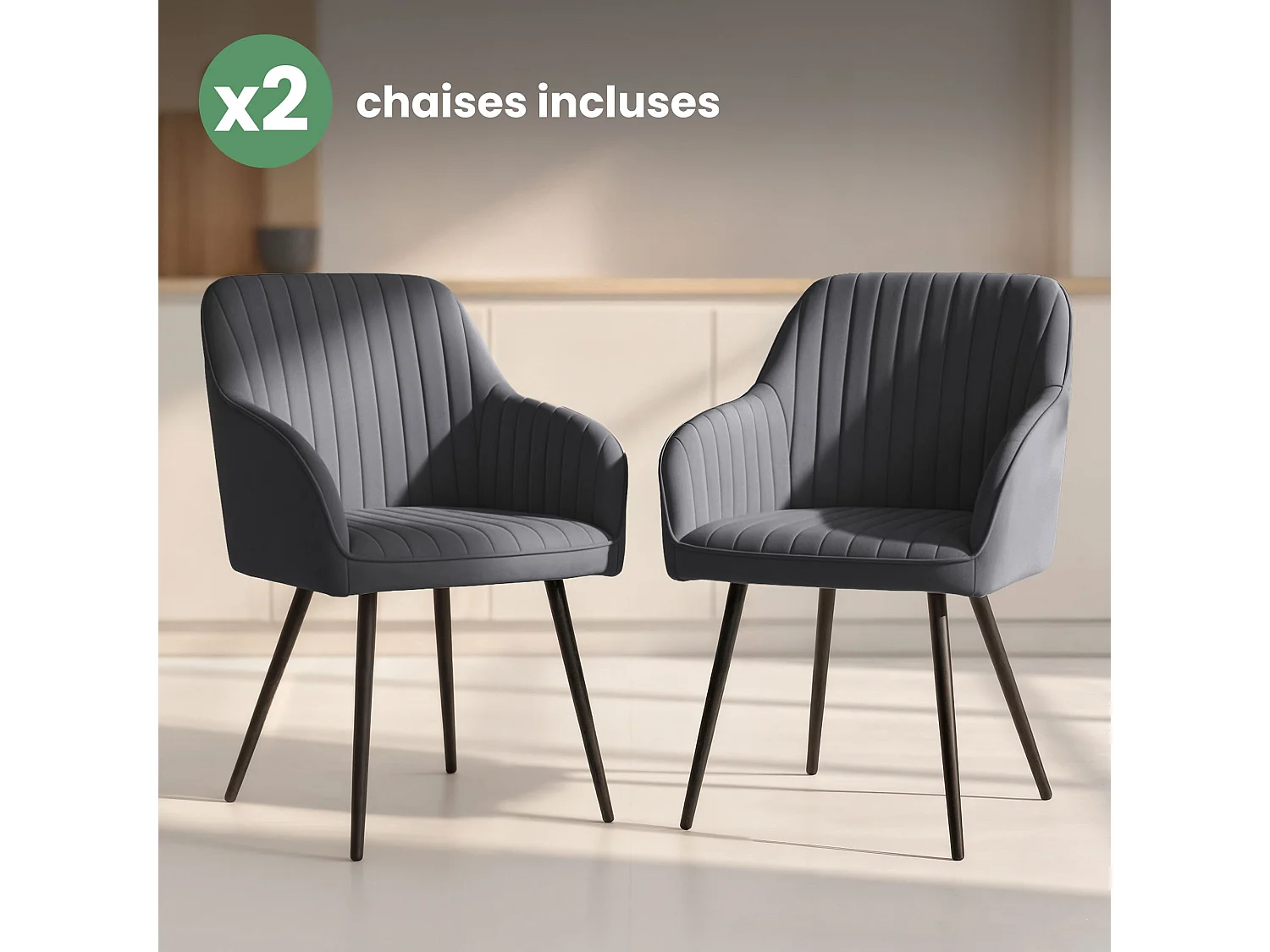 Set van 2 Eetkamerstoelen FLORENCE met Armleuningen / Gestoffeerde Stoelen / Fluwelen Stoelen en Metalen Poten / Antraciet met zwarte benen