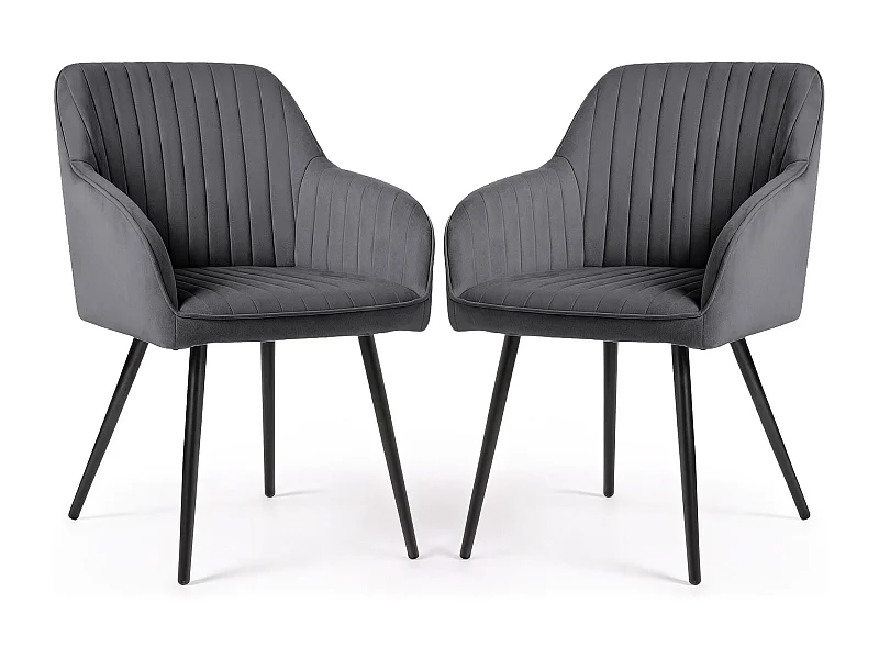 Set van 2 Eetkamerstoelen FLORENCE met Armleuningen / Gestoffeerde Stoelen / Fluwelen Stoelen en Metalen Poten / Antraciet met zwarte benen
