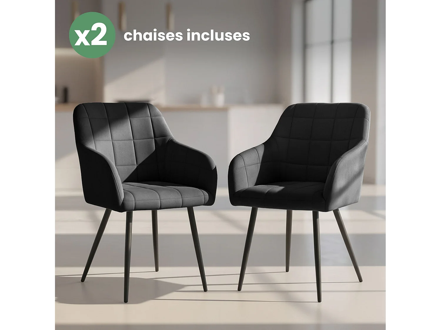 Lot de 2 Chaises rembourrées à surpiqûres carrées LUXANO Noir pieds noirs