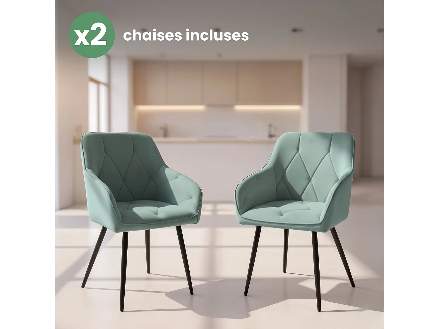 Lot de 2 Chaises en velours matelassées DIAMANTE Turquoise pieds noirs