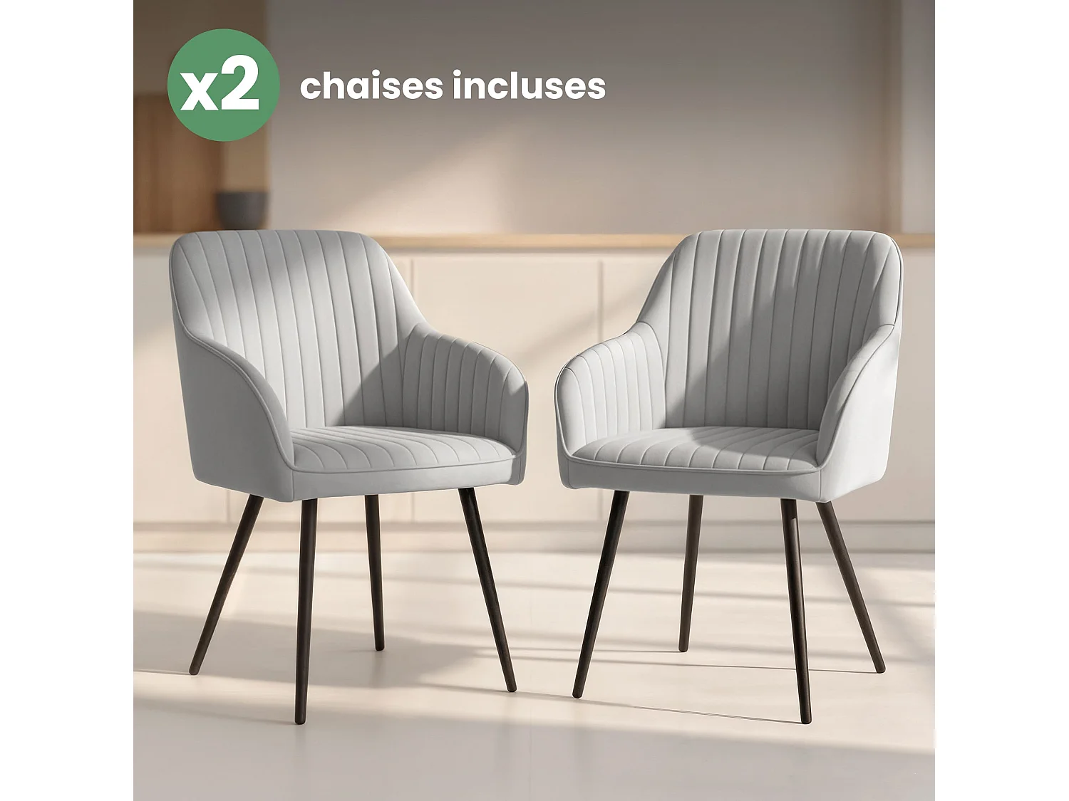 Set van 2 Eetkamerstoelen FLORENCE met Armleuningen / Gestoffeerde Stoelen / Fluwelen Stoelen en Metalen Poten / Grijs met zwarte benen