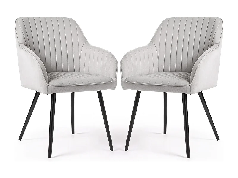 Set van 2 Eetkamerstoelen FLORENCE met Armleuningen / Gestoffeerde Stoelen / Fluwelen Stoelen en Metalen Poten / Grijs met zwarte benen