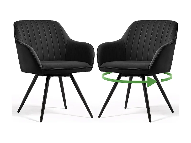 Lot de 2 Chaises pivotantes en velours à surpiqûres TURNO Noir pieds noirs