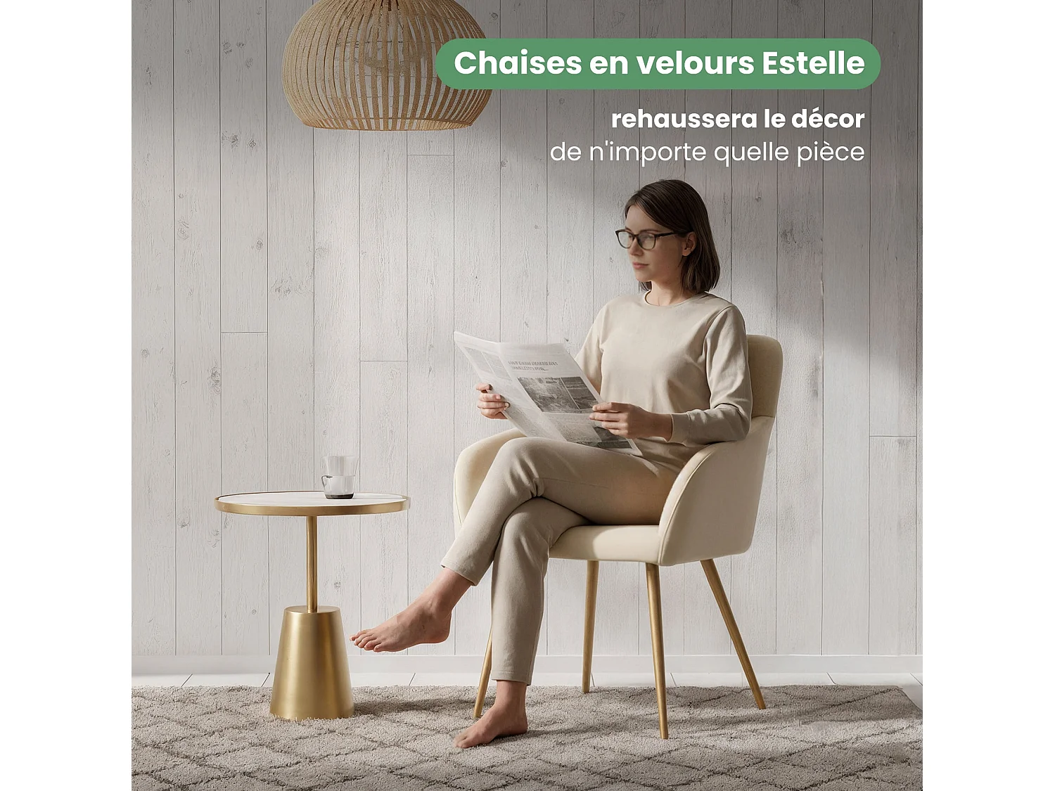 Lot de 2 Chaises en velours lisses ESTELLE Beige pieds dorés