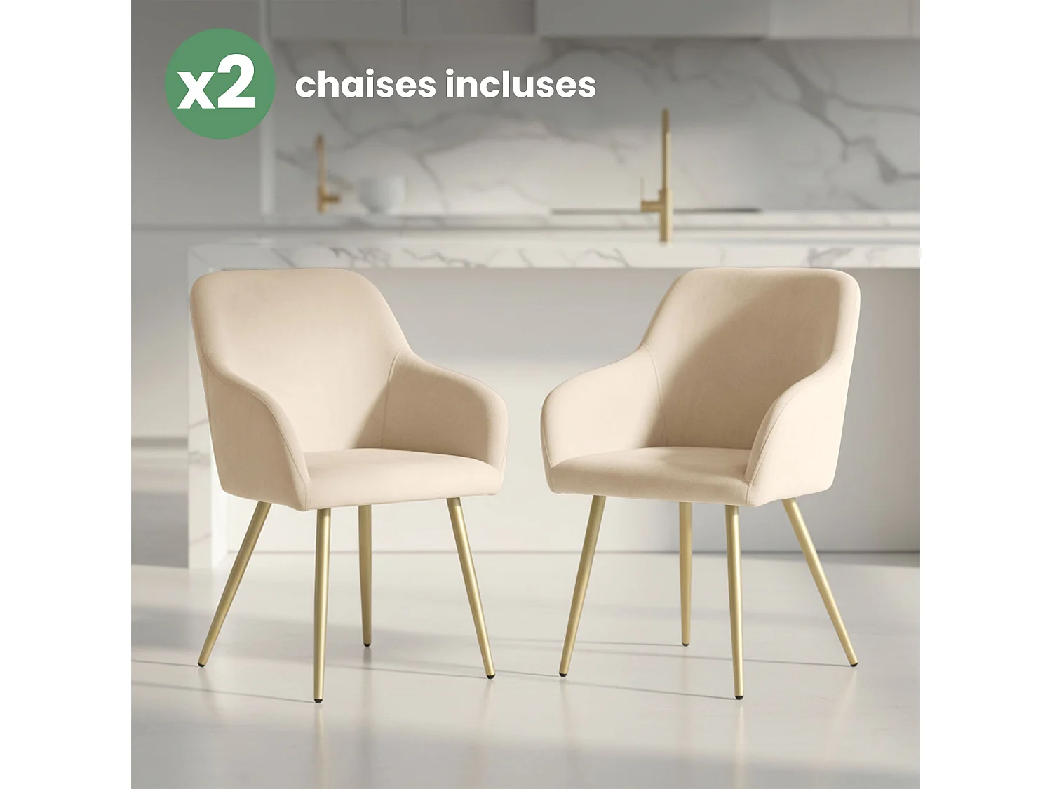 Lot de 2 Chaises en velours lisses ESTELLE Beige pieds dorés