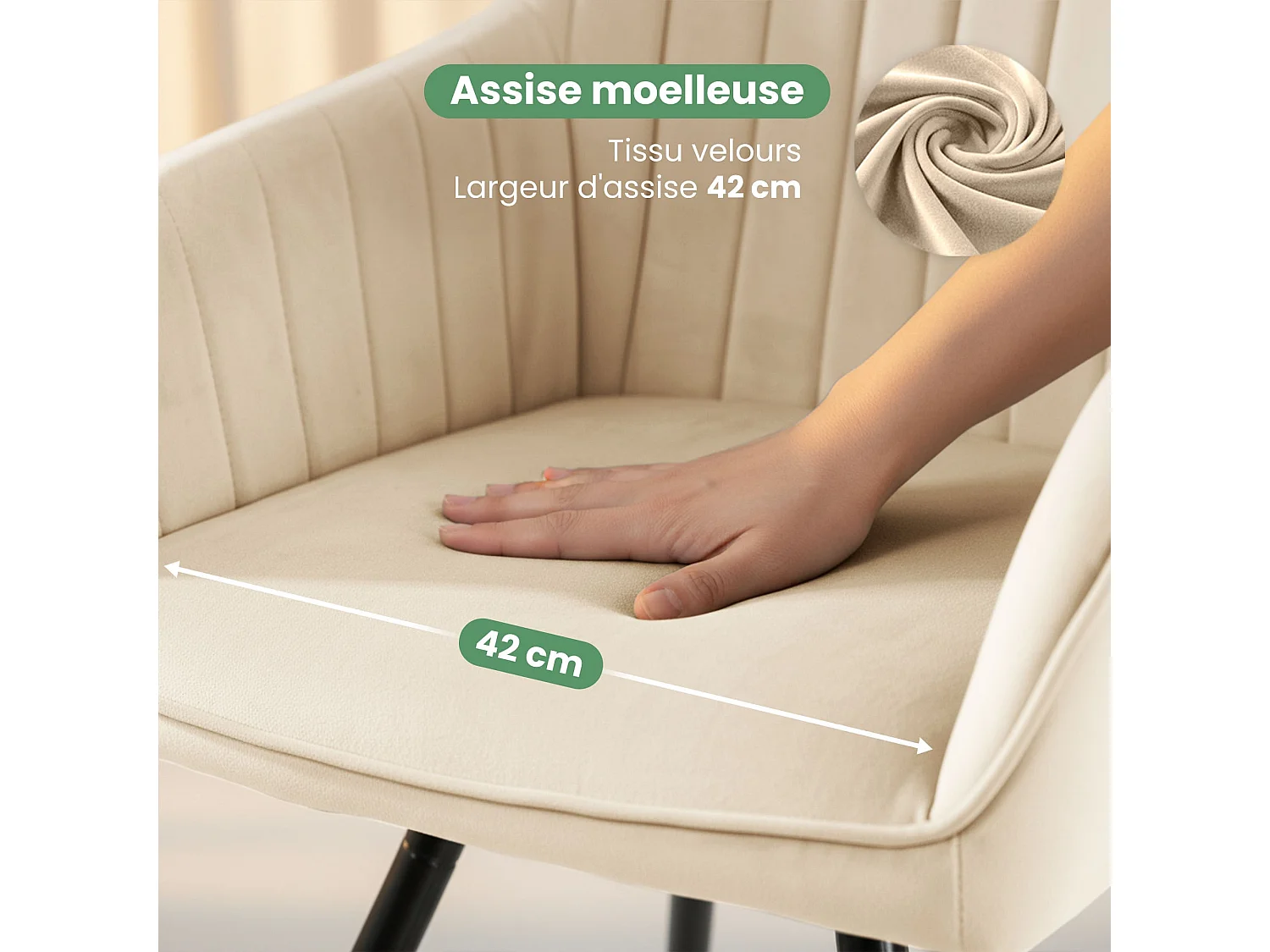 Lot de 2 Chaises pivotantes en velours à surpiqûres TURNO Beige pieds noirs