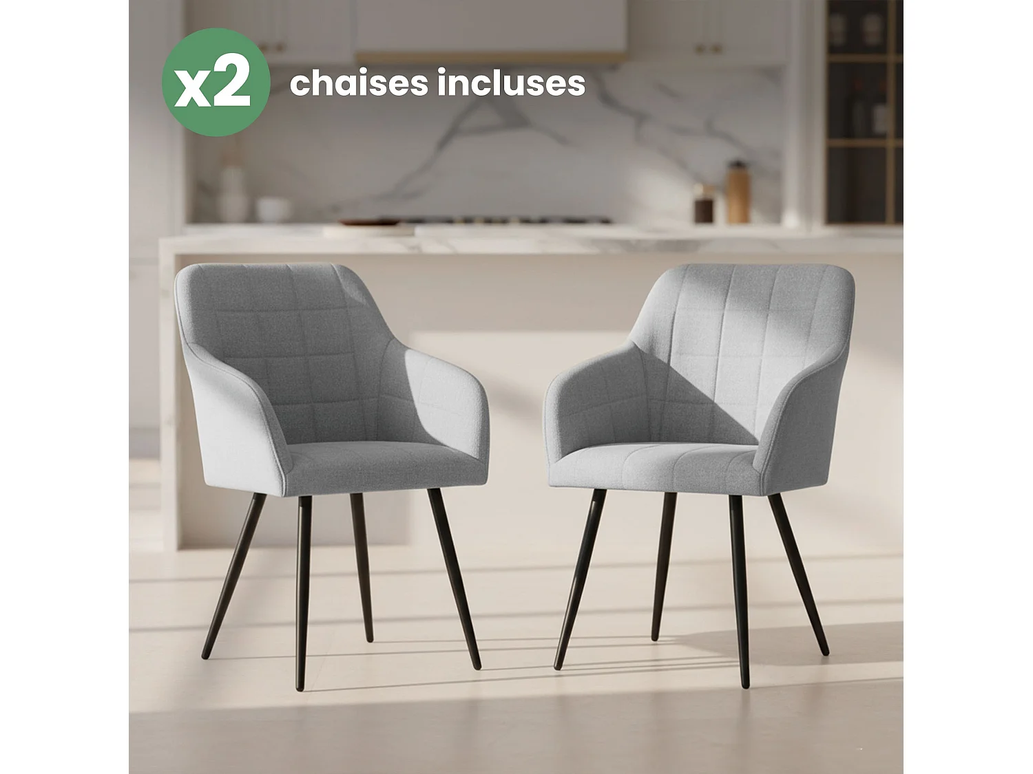 Lot de 2 Chaises rembourrées à surpiqûres carrées LUXANO Gris Clair pieds noirs tissu Lumos