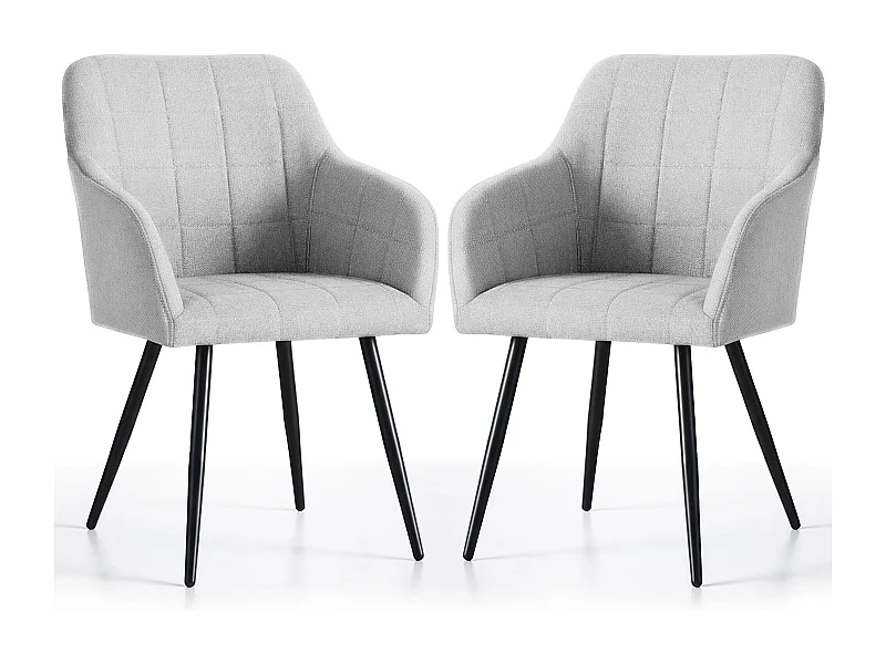 Lot de 2 Chaises rembourrées à surpiqûres carrées LUXANO Gris Clair pieds noirs tissu Lumos